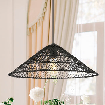 Nova 20.25" Farmhouse Coastal Rattan 180" Cord Plug-In or Hardwired LED Pendant - JONATHAN Y